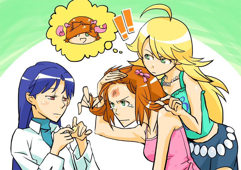 3girls ahoge amami_haruka bad_id bad_pixiv_id bandaid blonde_hair blue_hair camisole holding holding_own_hair hoshii_miki idolmaster idolmaster_(classic) imagining injury juu_(juuzi) kisaragi_chihaya long_hair multiple_girls nonowa tears turtleneck