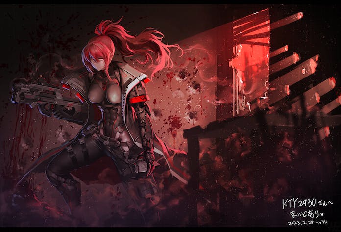 1girl assault_rifle belt black_jacket black_leotard black_pants blood blood_splatter borrowed_character braid breasts broken_window bullet_hole closed_mouth commission covered_navel dated feet_out_of_frame gloves gun hetza_(hellshock) indoors jacket large_breasts leotard original pants ponytail red_hair red_theme rifle signature skeb_commission skin_tight smoke smoking_barrel solo standing table weapon