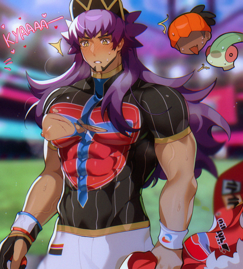 2boys bara bare_pectorals beard black_gloves black_hair black_shirt blush cape chariko clenched_teeth commentary cuts dark-skinned_male dark_skin dynamax_band earrings facial_hair fang flygon fur-trimmed_cape fur_trim gen_3_pokemon gloves grabbing_clothes gushing hat headband heart holding holding_poke_ball holding_unworn_cape holding_unworn_clothes injury jewelry leon_(pokemon) long_hair looking_at_chest looking_down male_focus multicolored_gloves multicolored_shirt multiple_boys nervous nervous_smile nervous_sweating newsboy_cap nintendo nipple_slip nipples one_glove orange_headband outdoors partially_fingerless_gloves pectorals poke_ball pokemon pokemon_swsh purple_hair raihan_(pokemon) red_caoe shirt short_hair short_sleeves shorts single_glove skin_fang skin_tight smile striped_clothes striped_shirt surprised sweat teeth torn_clothes torn_shirt turtleneck turtleneck_shirt unworn_cape white_shorts wristband yellow_eyes yellow_gloves