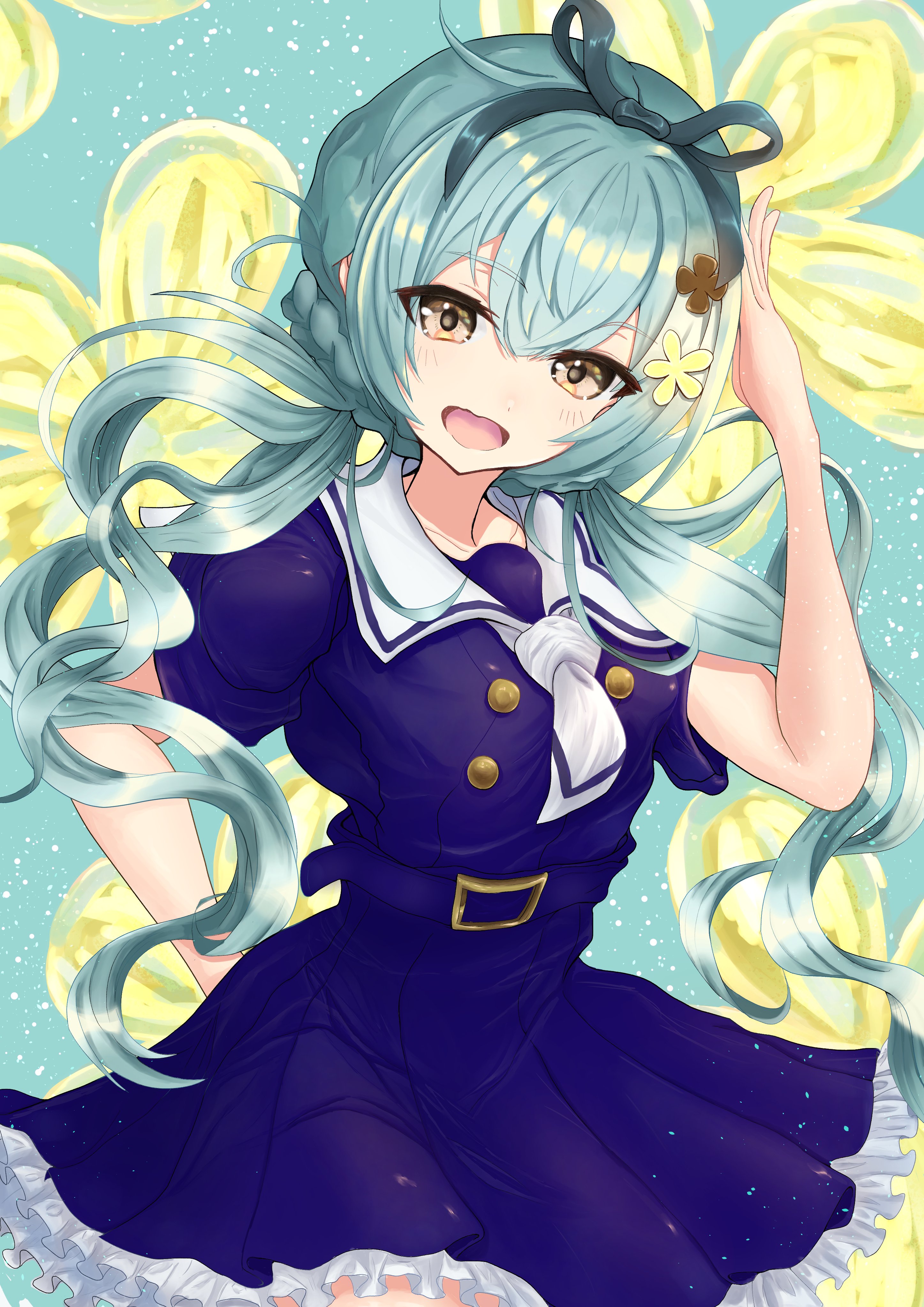1girl :d absurdres aqua_background aqua_hair arm_up asahi_(pikapikaasahime) assault_lily belt belt_buckle black_ribbon blue_belt blue_dress braid brown_eyes buckle buttons commentary cowboy_shot dress floating_hair floral_background flower frilled_dress frills hair_between_eyes hair_flower hair_ornament hair_ribbon hand_on_own_hip highres light_blush light_particles long_hair looking_at_viewer low_twintails neckerchief open_mouth ribbon sailor_collar short_sleeves smile solo standing twintails ueda_imari very_long_hair white_neckerchief white_sailor_collar yellow_flower
