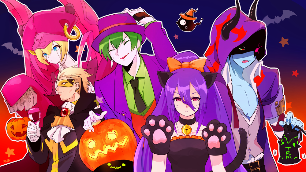 1girl 3boys alternate_color android animal_ears animal_hands arakune arc_system_works artist_request bare_shoulders blazblue blonde_hair bow cape cat_ears cat_paws cat_tail closed_eyes cup drinking_glass facial_hair fake_animal_ears fang fedora fingerless_gloves gloves green_hair hades_izanami hair_between_eyes hair_bow halloween hat hazama hood horns ignis_(blazblue) long_hair mask mikado_(blazblue) multiple_boys open_mouth ponytail purple_hair red_eyes relius_clover short_hair smile stubble sweatdrop tail wine_glass yuuki_terumi