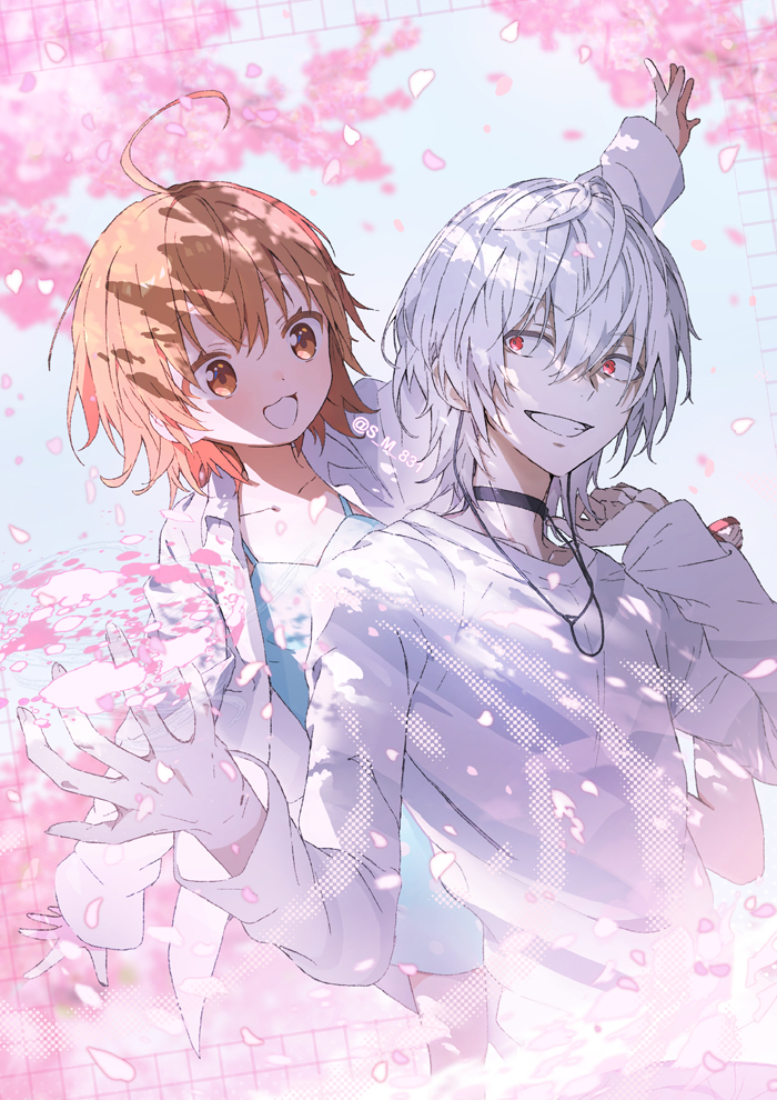 1boy 1girl :d accelerator_(toaru_majutsu_no_index) ahoge black_choker brown_eyes brown_hair cherry_blossoms child choker commentary_request grin last_order_(toaru_majutsu_no_index) long_sleeves looking_at_another open_mouth red_eyes s_m_831 shirt short_hair smile striped_clothes striped_shirt toaru_majutsu_no_index upper_body white_hair