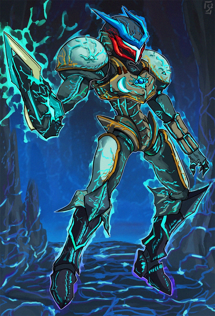 alien alternate_color alternate_costume alternate_form alternate_weapon arm_blade armor aura blue_gemstone breastplate chest_jewel commentary corruption crescent crescent_print crossover dark_persona dark_samus english_commentary fierce_deity floating gem glowing hal_laboratory highres looking_to_the_side metroid metroid_(creature) metroid_prime_3:_corruption nintendo possessed possession retro_studios stoic_seraphim super_smash_bros. the_legend_of_zelda the_legend_of_zelda:_majora&#039;s_mask triangle triangle_print weapon wrist_guards