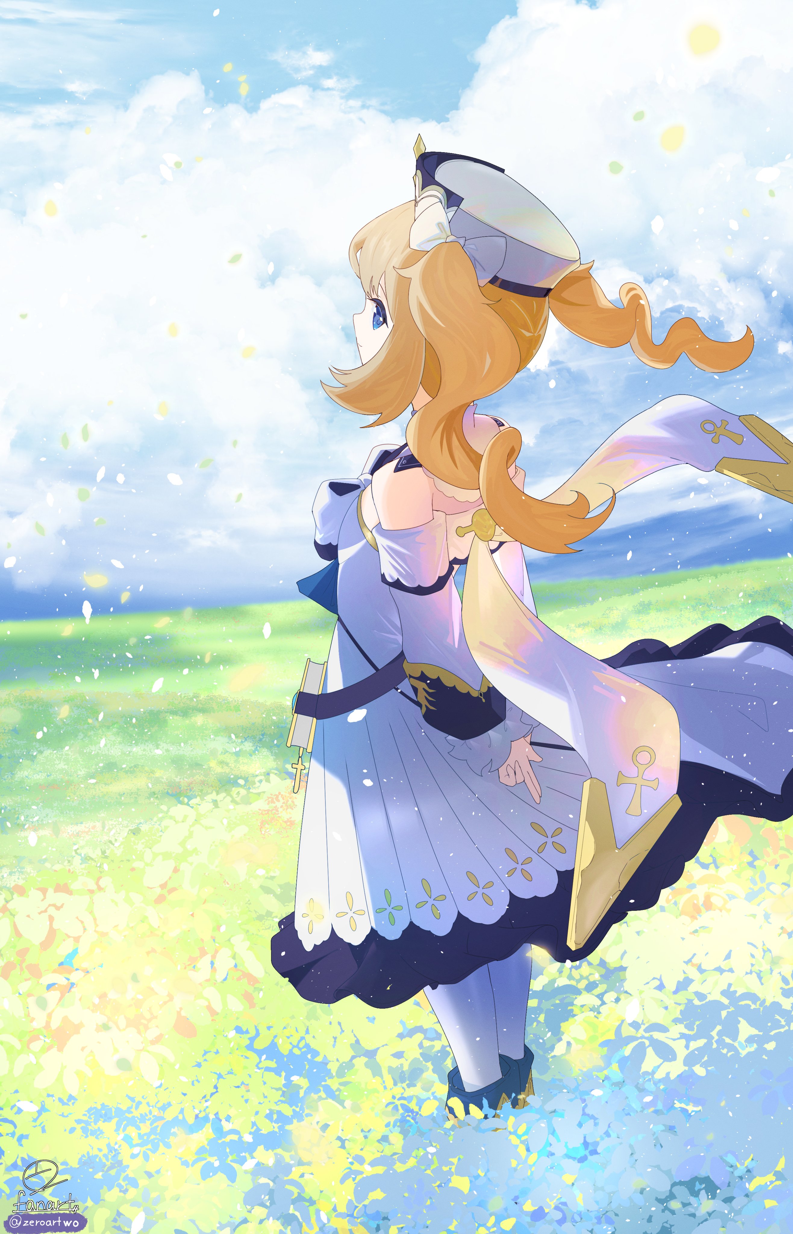 1girl absurdres arms_behind_back barbara_(genshin_impact) bare_shoulders blue_eyes commentary day detached_sleeves dress drill_hair from_side genshin_impact hat highres long_sleeves looking_at_viewer looking_to_the_side outdoors pantyhose shirt signature sleeveless sleeveless_dress smile solo standing twin_drills white_dress white_hat white_pantyhose white_shirt zeroartwo