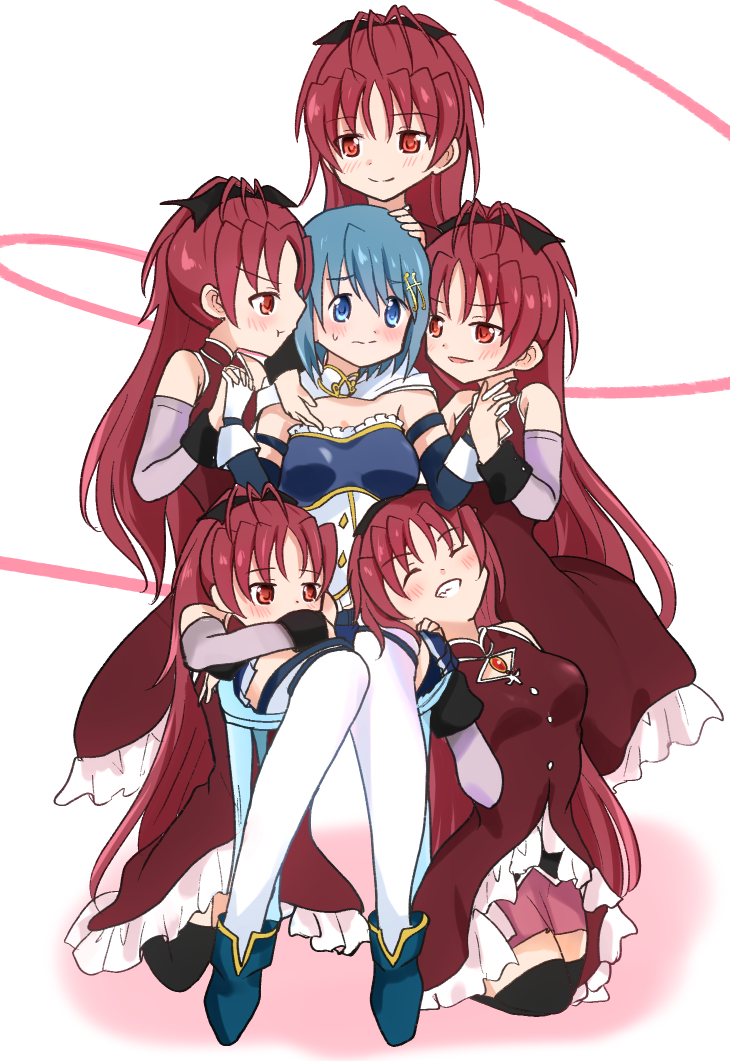 6+girls black_thighhighs blue_dress blue_eyes blue_hair blue_shoes blush clone clone_harem closed_eyes closed_mouth commentary_request dress fortissimo grin harem holding_hands interlocked_fingers long_hair mahou_shoujo_madoka_magica mahou_shoujo_madoka_magica_(anime) miki_sayaka miki_sayaka_(magical_girl) multiple_girls oddecco parted_lips pout red_dress red_eyes red_hair sakura_kyoko sakura_kyoko_(magical_girl) shoes short_hair sleeveless sleeveless_dress smile sweatdrop thighhighs white_thighhighs yuri