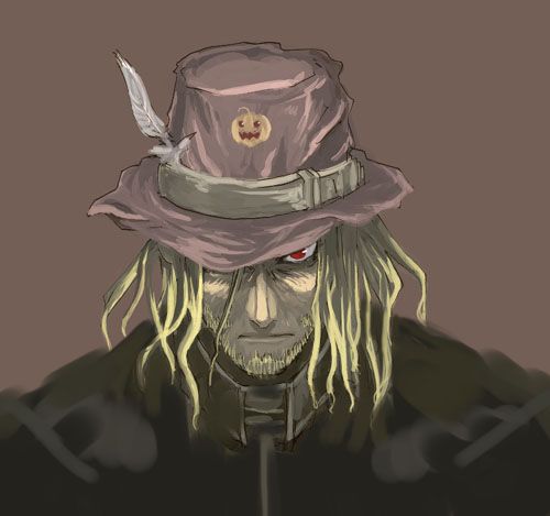 1boy beard blonde_hair brown_background closed_mouth cowboy_hat facial_hair ginpatia hat long_hair looking_at_viewer lowres male_focus manly portrait red_eyes solo upper_body