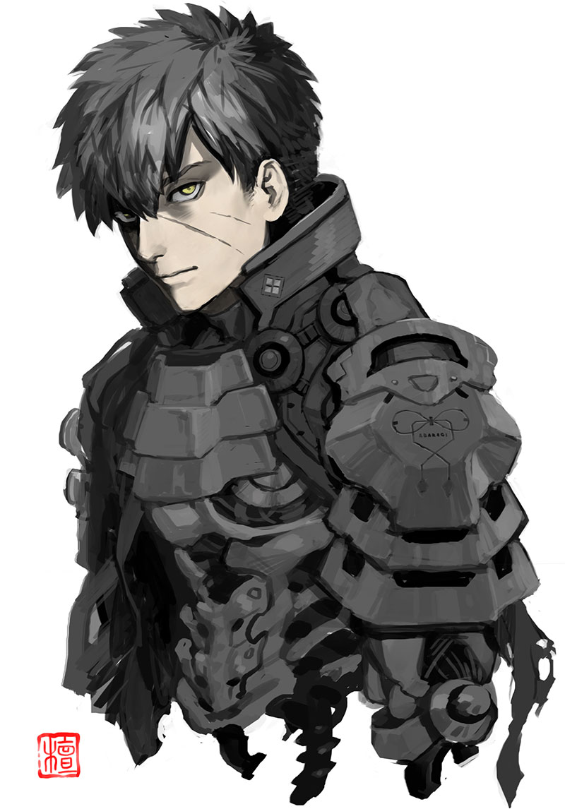 10s armor black_hair doudanuki_masakuni scar_on_face grey_hair male_focus mayumio88 multicolored_hair pauldrons scar scar_on_cheek scar_on_face shaded_face short_hair shoulder_armor simple_background slit_pupils spine torn_clothes touken_ranbu upper_body white_background yellow_eyes
