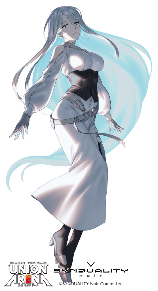 1girl belt_around_waist boots chiaroscuro clothing_cutout corset dress floating floating_hair full_body gloves grey_eyes grey_hair hair_between_eyes high_heel_boots high_heels impossible_clothes logo long_dress long_hair long_sleeves magus_(synduality) mechanical_collar murakami_hisashi official_art parted_lips puffy_long_sleeves puffy_sleeves schnee_(synduality) shoulder_cutout sideways_glance synduality synduality_noir tareme very_long_hair