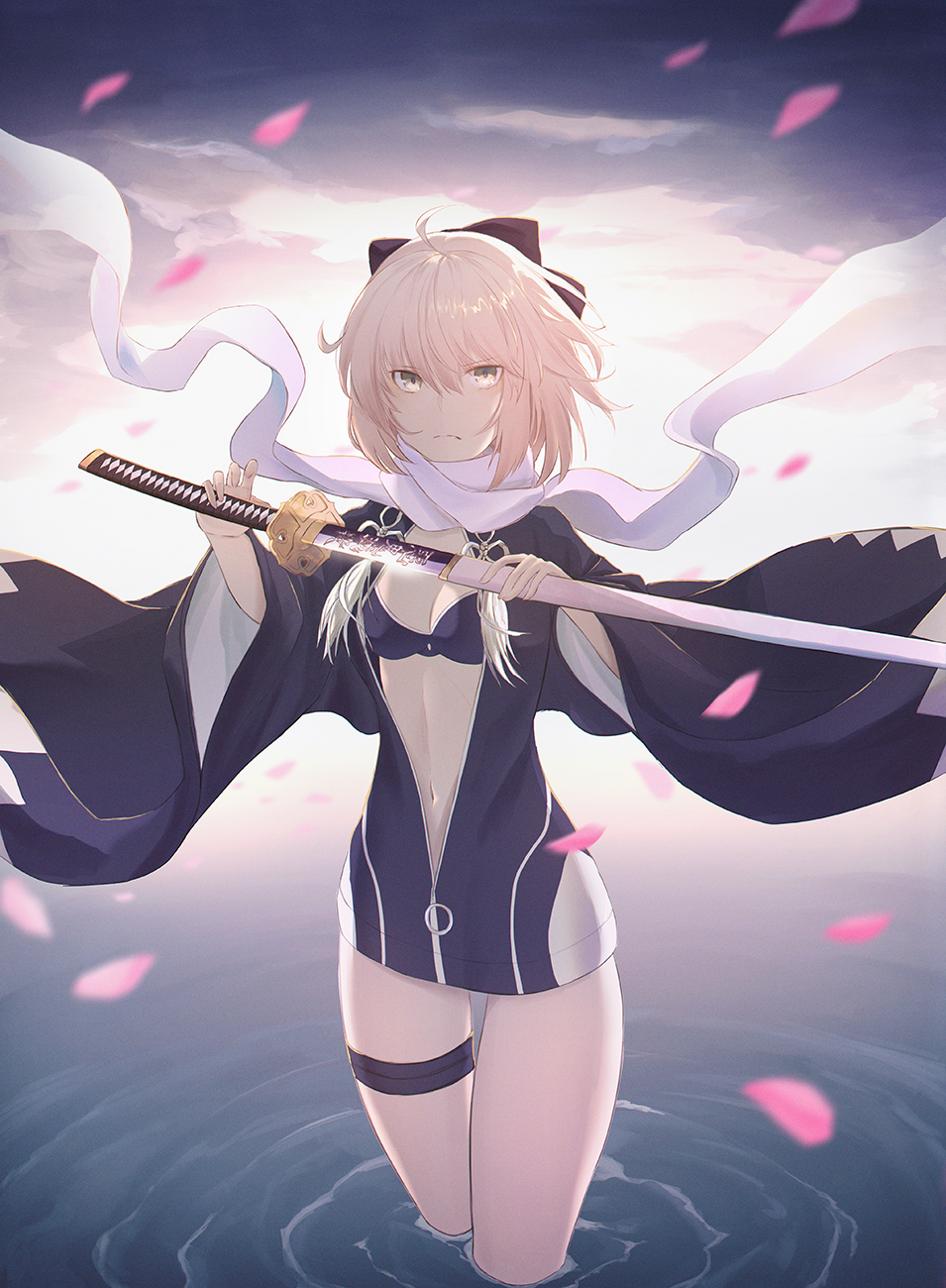 1girl ahoge bad_id bad_pixiv_id bikini blonde_hair cloud fate/grand_order fate_(series) hair_ribbon highres holding holding_sword holding_weapon jacket katana kimetsu_no_yaiba leg_belt looking_at_viewer merry_hearm ocean okita_j._souji_(fate) okita_j._souji_(second_ascension)_(fate) okita_souji_(fate) petals ribbon scarf short_hair solo swimsuit sword weapon yellow_eyes