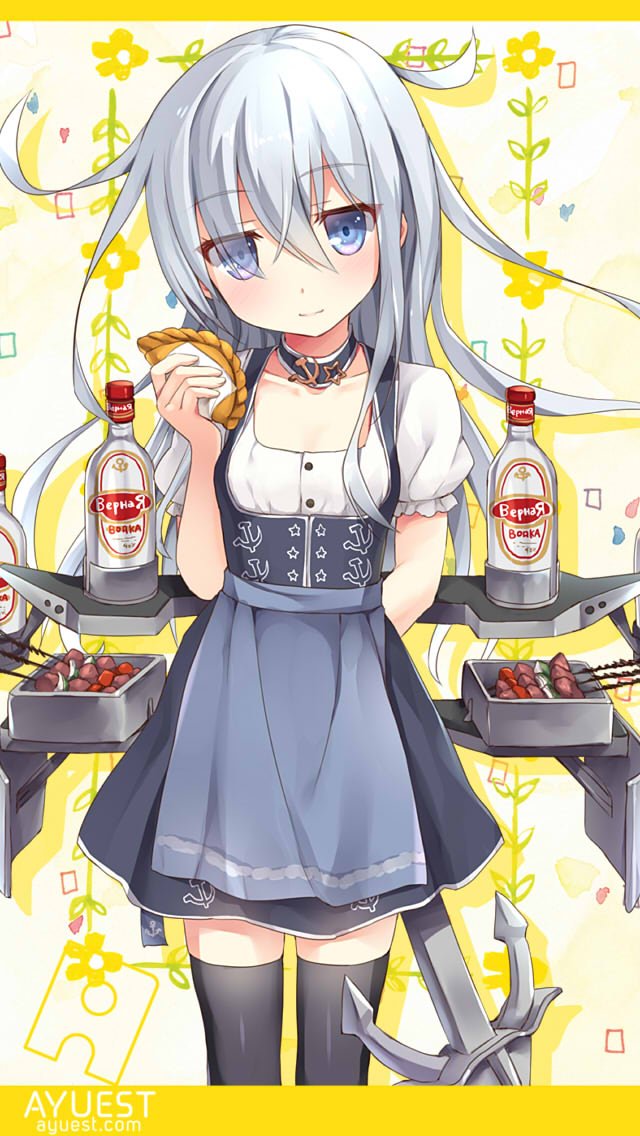 1girl adapted_costume alcohol anchor_symbol bankoku_ayuya blue_eyes bottle cosplay hibiki_(kancolle) kantai_collection long_hair silver_hair skewer star_(symbol) verniy_(kancolle) vodka z1_leberecht_maass_(kancolle) z1_leberecht_maass_(kancolle)_(cosplay) z1_leberecht_maass_(oktoberfest)_(kancolle)