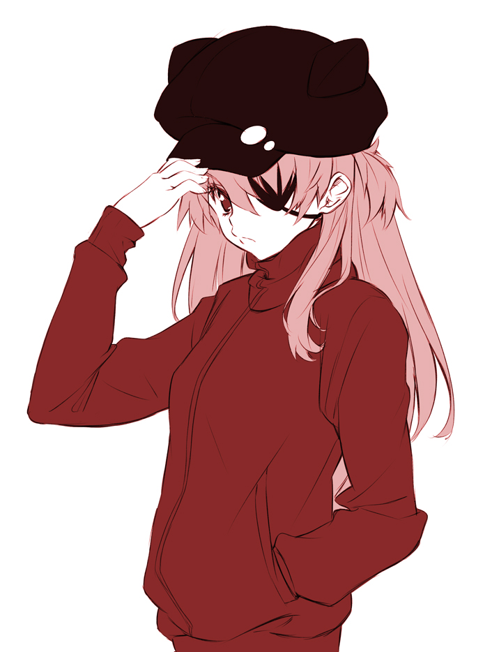 10s 1girl animal_hat evangelion:_3.0_you_can_(not)_redo eyepatch female_focus flat_color hand_in_pocket hat jacket long_hair neon_genesis_evangelion pandaki_(aki) rebuild_of_evangelion solo souryuu_asuka_langley track_jacket