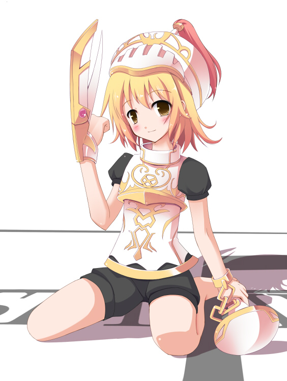 00s 1girl armor blonde_hair blush brown_eyes chain dagger female_focus final_fantasy final_fantasy_xi hat helmet hume knife long_hair masaki_(machisora) puppetmaster shorts sitting smile solo weapon yellow_eyes