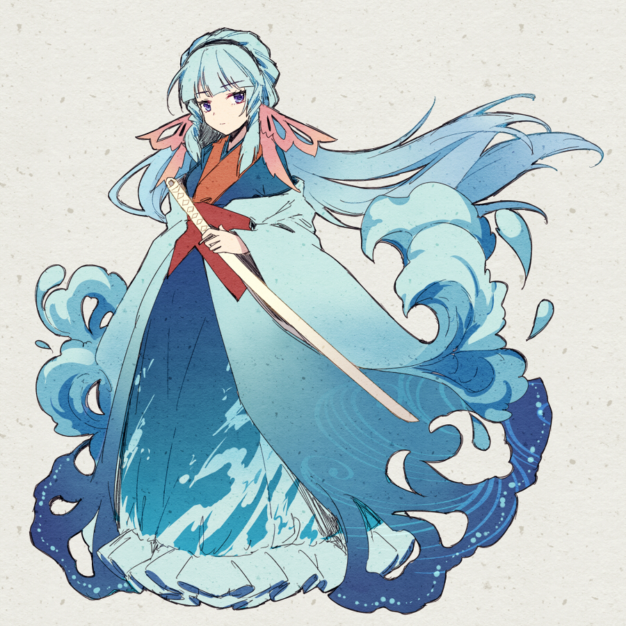 1girl akinomiya_asuka black_hairband blue_eyes blue_hair blue_kimono commentary_request frilled_kimono frills full_body hairband haori japanese_clothes kimono long_hair long_sleeves original riverbed_soul_saver solo suitenguu_no_himemiko touhou waves