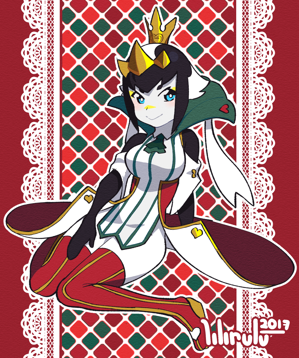 1girl black_hair blue_eyes boots breasts christmas crown female_focus final_fantasy highres lilirulu pale_skin quacho_queen short_hair solo thigh_boots thighhighs world_of_final_fantasy