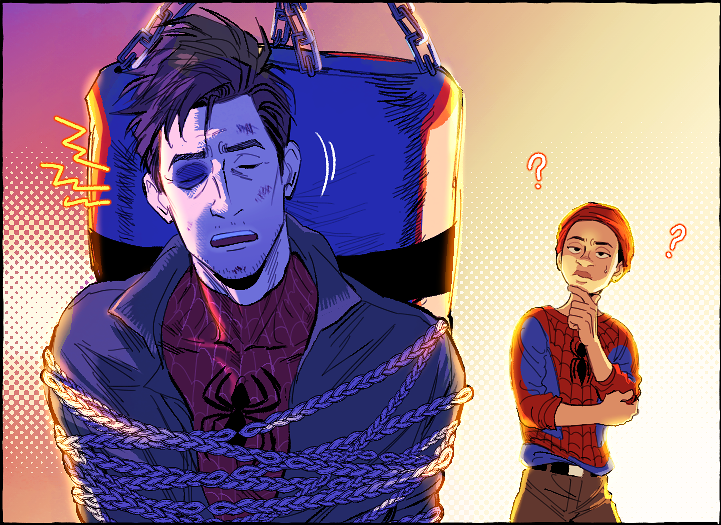 ? animal_print backlighting belt blue_bodysuit bodysuit brown_hair brown_pants bruise bruised_eye chain chained closed_eyes dark-skinned_male dark_skin hand_on_own_chin injury jungyun99 male_focus marvel mask_up miles_morales multiple_boys pants peter_b_parker print_bodysuit punching_bag red_bodysuit spider-man:_into_the_spider-verse spider-man_(series) spider-verse spider_print two-tone_bodysuit