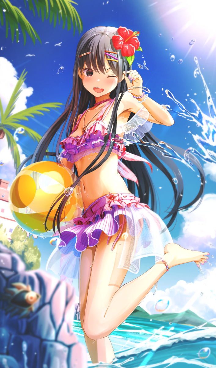 1girl aiuabo anklet ball beachball bead_anklet bead_bracelet beads bikini black_hair blue_sky blush bracelet clear_sky cloud commentary_request commission flower frilled_bikini frills hair_flower hair_ornament hairclip highres holding holding_ball holding_beachball jewelry leaf_hair_ornament long_hair nail_polish navel necklace ocean one_eye_closed original outdoors palm_tree pink_nails pixiv_commission purple_bikini red_flower sky solo splashing standing standing_on_one_leg swimsuit tree wading
