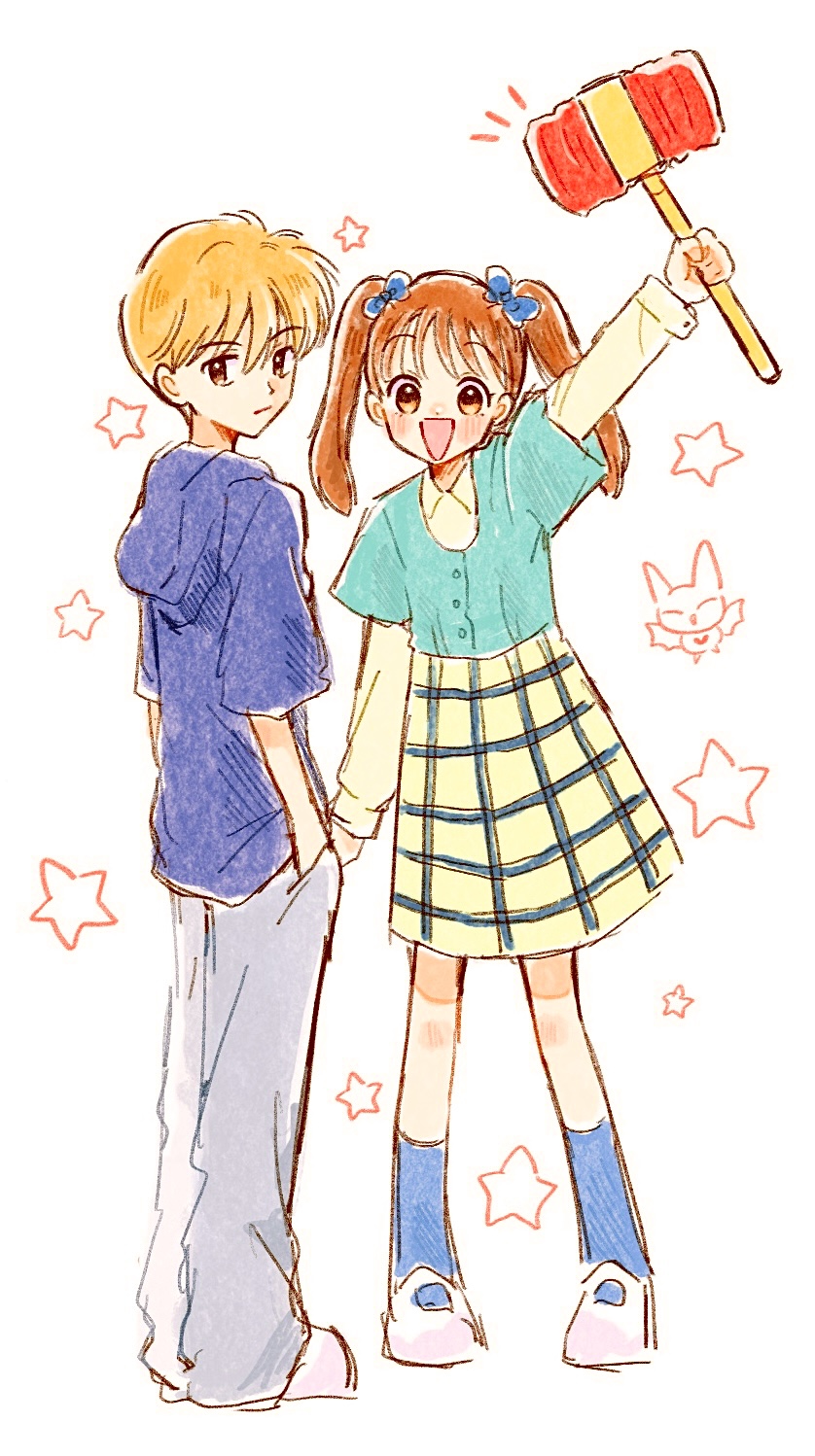 1boy 1girl :| babbit blonde_hair blue_hoodie blue_ribbon blue_shirt blue_socks blush brown_eyes checkered_clothes checkered_skirt closed_eyes closed_mouth grey_pants hair_ribbon hammer hayama_akito highres holding holding_hammer hood hoodie kneehighs kodomo_no_omocha kurata_sana long_sleeves looking_at_viewer looking_back m. notice_lines open_mouth pants ribbon shirt shirt_over_dress shirt_tucked_in simple_background skirt smile socks star_(symbol) toy_hammer twintails white_background white_footwear wings yellow_eyes