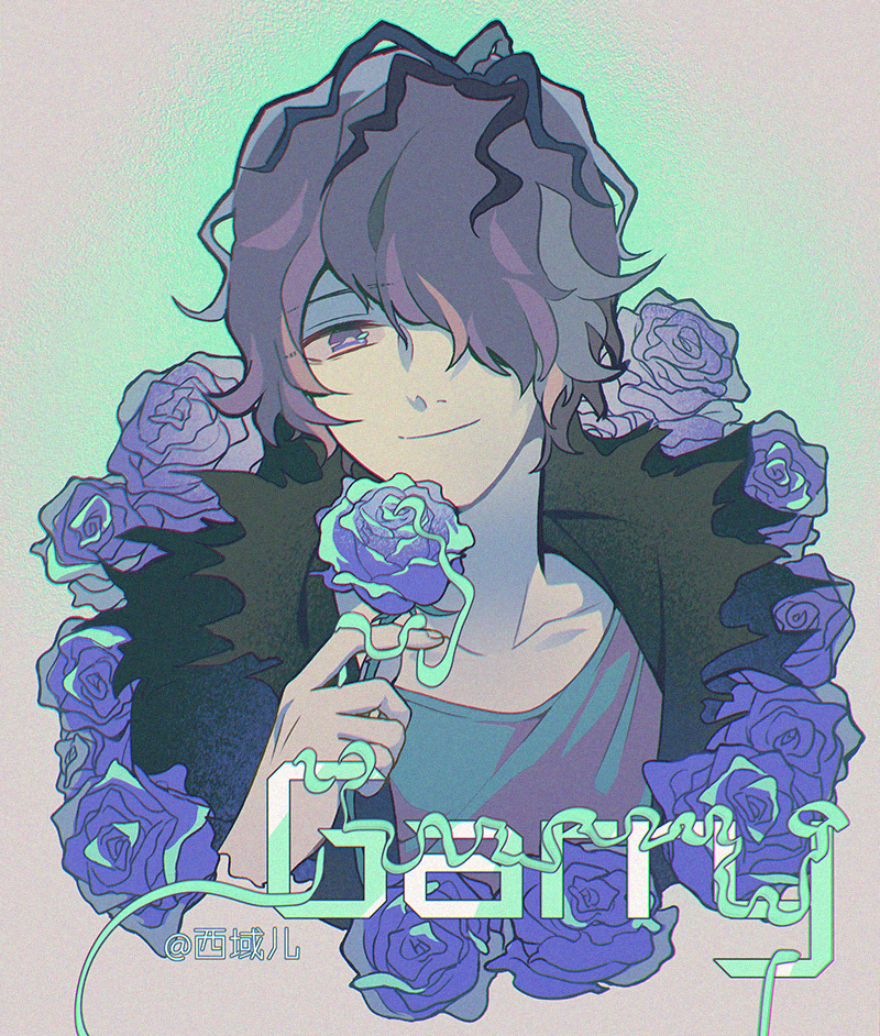 1boy artist_name blue_flower blue_rose character_name closed_mouth coat collarbone english_text flower fur_trim garry_(ib) hair_over_one_eye holding holding_flower ib_(kouri) looking_at_viewer male_focus purple_eyes purple_flower purple_hair purple_rose rose shirt short_hair simple_background smile solo upper_body xi_yuu