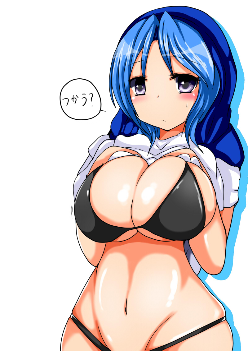 1girl bikini black_bikini blue_hair breasts cleavage female_focus groin hip_focus huge_breasts kumoi_ichirin navel purple_eyes shadow simple_background solo sweatdrop swimsuit taku_(yakumodaisuki) touhou translation_request white_background