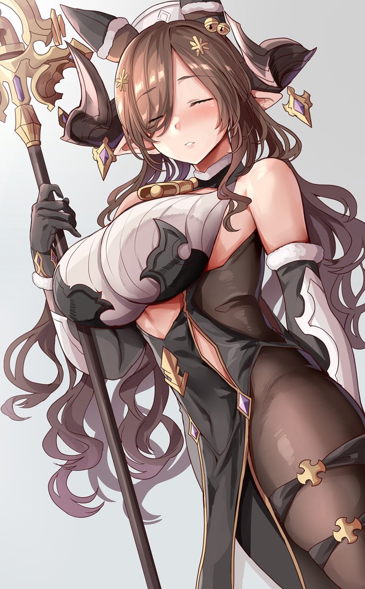 1girl adapted_costume animal_ears blush breasts brown_hair closed_eyes cowboy_shot extra_ears galleon_(granblue_fantasy) granblue_fantasy highres himuro_shunsuke holding holding_staff horns large_breasts long_hair pantyhose parted_lips skindentation solo staff very_long_hair wavy_hair