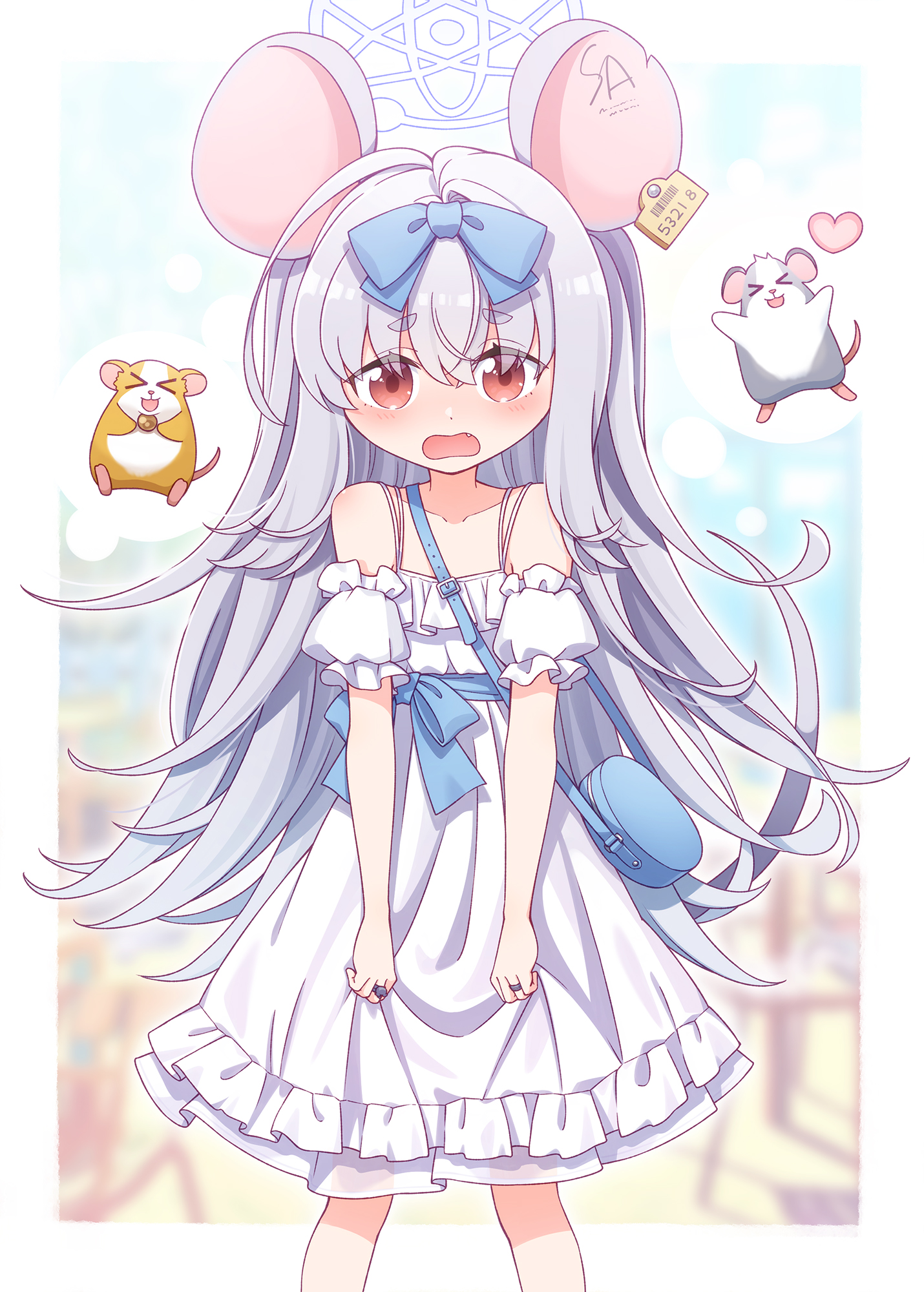 >_< 1girl :d animal animal_ears bag bare_shoulders blue_archive blue_bow blush bow closed_eyes collarbone commentary_request commission detached_sleeves dress ear_tag fang feet_out_of_frame grey_hair hair_between_eyes hair_bow halo harada_(sansei_rain) heart highres long_hair looking_at_viewer mouse_(animal) mouse_ears mouse_girl mouse_tail notched_ear open_mouth puffy_short_sleeves puffy_sleeves red_eyes saya_(blue_archive) short_eyebrows short_sleeves shoulder_bag skeb_commission sleeveless sleeveless_dress smile solo standing tail thick_eyebrows very_long_hair white_sleeves xd