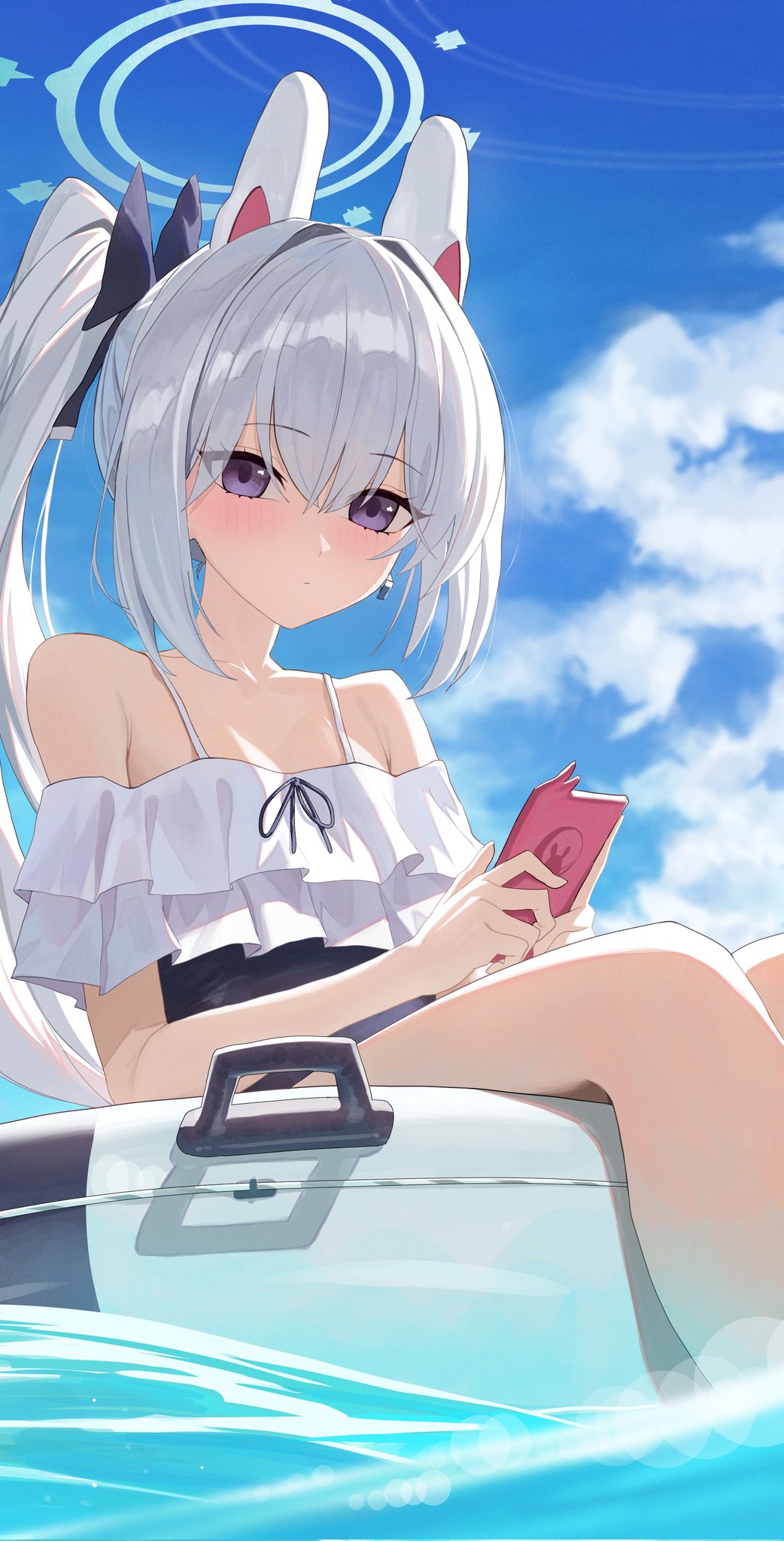 1girl blue_archive blue_eyes blue_halo blue_one-piece_swimsuit blush bow casual_one-piece_swimsuit closed_mouth frilled_one-piece_swimsuit frills hair_bow halo highres long_hair looking_at_viewer miyako_(blue_archive) miyako_(swimsuit)_(blue_archive) off-shoulder_one-piece_swimsuit off_shoulder official_alternate_costume one-piece_swimsuit ponytail purple_eyes re_naya solo swim_ring swimsuit white_hair white_innertube