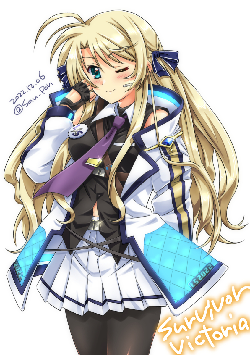 1girl artist_name black_gloves black_pantyhose blonde_hair blue_eyes blush breasts closed_mouth dated fingerless_gloves gloves hair_ribbon highres long_hair looking_at_viewer lyrical_nanoha lyrical_store mahou_shoujo_lyrical_nanoha_vivid medium_breasts miniskirt pantyhose pleated_skirt ribbon san-pon skirt smile solo viktoria_dahlgrun white_skirt wings
