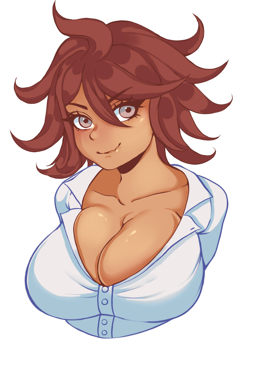 1girl breasts brown_eyes brown_hair cleavage closed_mouth clover_jello collarbone danganronpa_(series) danganronpa_2:_goodbye_despair dark-skinned_female dark_skin female_focus large_breasts looking_at_viewer matching_hair/eyes messy_hair owari_akane skindentation smile solo solo_focus transparent_background