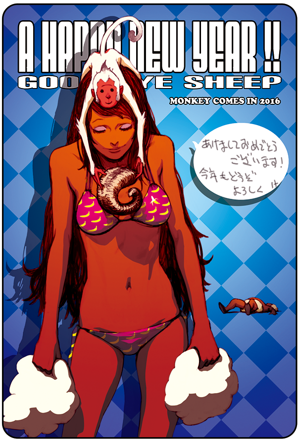 1boy 1girl 2016 banana banana_print bikini blue_background checkered_background chinese_zodiac english_text eyeshadow food food_print fruit fruit_print horns lying makeup monkey navel nona on_back original red_hair sheep_horns speech_bubble swimsuit white_fur wool year_of_the_goat year_of_the_monkey