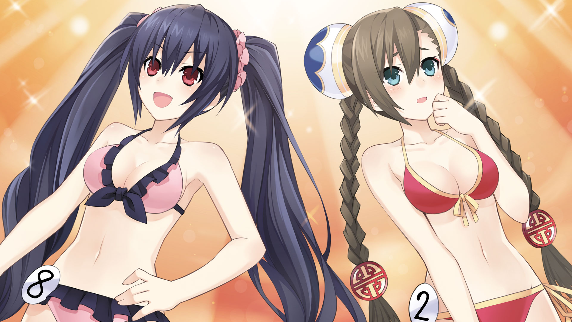 bare_shoulders bikini black_hair braid breasts brown_hair cleavage flustered happy highres long_hair medium_breasts navel neptune_(series) nervous noire_(neptunia) official_art open_mouth rii_fai scrunchy shy swimsuit thighs tsunako tsundere twintails