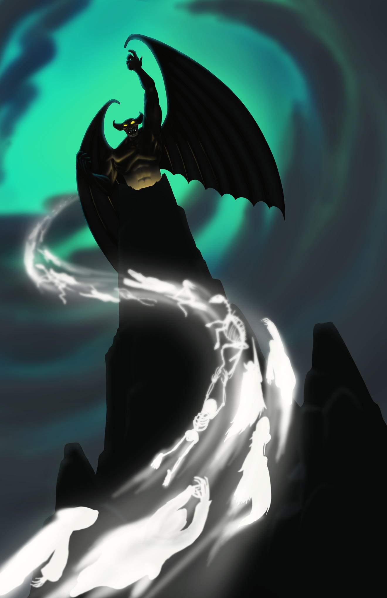 bald chernabog_(disney) colored_skin demon demon_wings disney fantasia_(disney) highres mountain night peak quesm rising skeleton skeleton_horse souls wings
