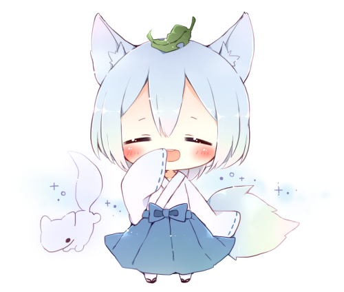 10s 1girl animal_ears blush chibi closed_eyes female_focus free! hakama hakama_skirt high_speed! japanese_clothes leaf leaf_on_head lowres noramimi purple_hair serizawa_nao skirt solo tail