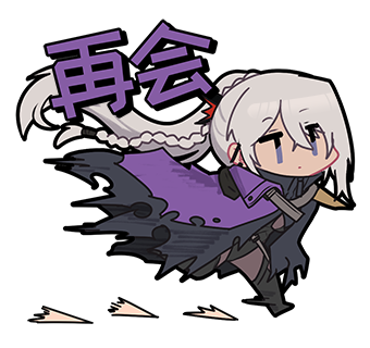 1girl black_cloak chibi chibi_only chinese_commentary chinese_text cloak full_body girls&#039;_frontline girls&#039;_frontline_2:_exilium grey_hair jitome lowres madcore nemesis_(girls&#039;_frontline_2) official_art ponytail running second-party_source solo