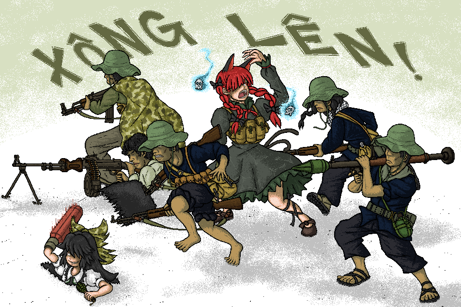2girls 5boys 7.62x39mm ak-47 ammunition_pouch animal_ears arm_cannon assault_rifle barefoot belt bipod black_hair boonie_hat bow braid camouflage canteen cat_ears cat_tail clenched_teeth drum_magazine explosive grenade grin guerrilla gun hair_bow hidariyori intermediate_cartridge kaenbyou_rin kalashnikov_rifle light_machine_gun load_bearing_vest machine_gun magazine_(weapon) military military_cartridge multiple_boys multiple_girls pixel_art pouch red_hair reiuji_utsuho ribbon rifle rifle_cartridge rocket_launcher rpd rpg_(weapon) rpk sandals sks skull smile tail teeth touhou translated twin_braids vietcong vietnam vietnam_war vietnamese_text war weapon