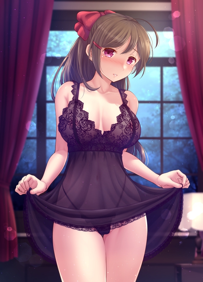 1girl alternate_costume babydoll black_hair blurry blurry_background blush bow breasts commission curtains floral_print hair_bow hair_ornament hairclip highleg highleg_panties indoors kantai_collection lamp large_breasts long_hair looking_at_viewer mamiya_(kancolle) panties parted_lips pink_eyes red_bow ryu-akt see-through_clothes skeb_commission solo underwear underwear_only window