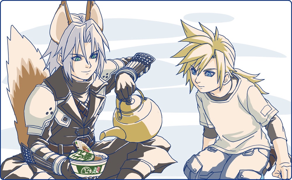 2boys aged_down animal_ears arm_armor arm_guards arm_up armor belt black_coat black_footwear black_gloves black_pants blonde_hair blue_eyes blue_pants boots brown_footwear clenched_hand cloud_strife coat commentary cup_ramen donbee_(food) donbei_kitsune_udon final_fantasy final_fantasy_vii final_fantasy_vii_ever_crisis fox_boy fox_ears fox_tail gai012 gloves green_eyes grey_hair hands_up holding holding_kettle instant_udon kemonomimi_mode kettle kitsune_udon knee_boots kneeling layered_sleeves long_hair looking_down low_ponytail male_focus medium_hair multiple_boys nissin_donbei pants parted_bangs pauldrons ponytail sephiroth sephiroth_(ever_crisis) shirt shoulder_armor sitting slit_pupils smile spiked_hair tail upper_body white_shirt