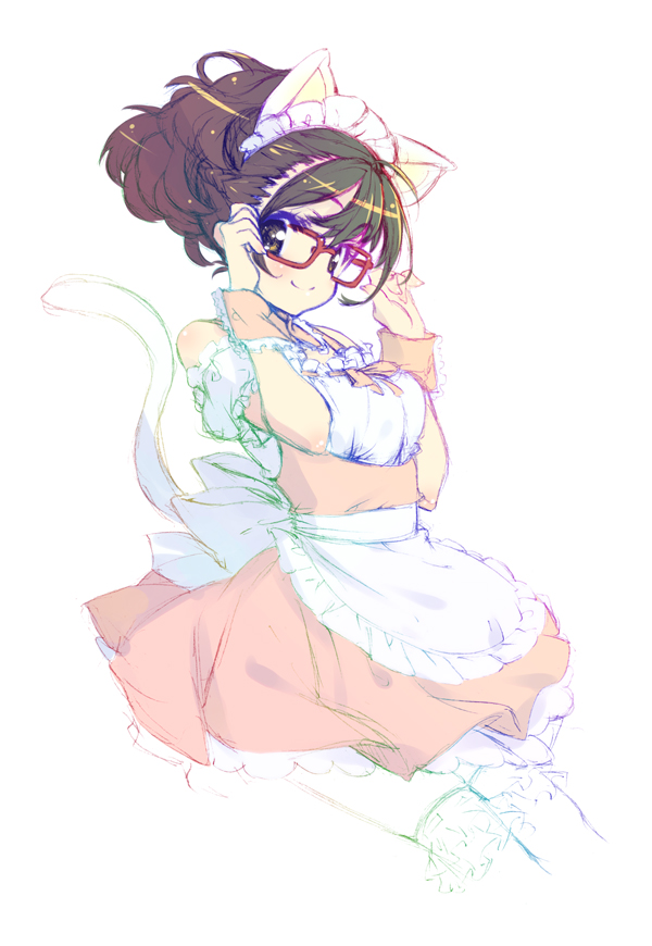 10s 1girl animal_ears apron braid brown_eyes brown_hair cat_ears cat_tail fake_animal_ears female_focus frilled_thighhighs frills glasses long_hair looking_at_viewer maid maid_apron maid_headdress pandaki_(aki) ponytail robotics;notes senomiya_akiho smile solo tail thighhighs white_thighhighs wrist_cuffs