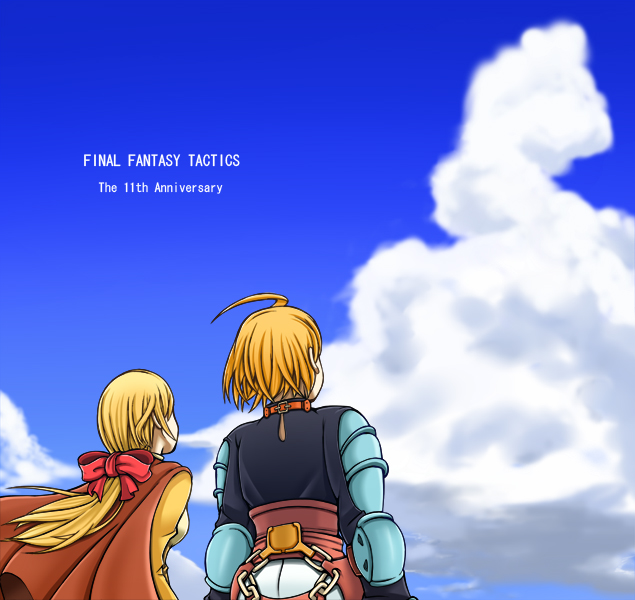 1boy 1girl ahoge alma_beoulve armor blonde_hair breasts final_fantasy final_fantasy_tactics gloves long_hair ramza_beoulve rawza short_hair upper_body