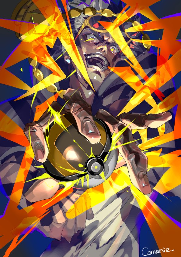 1boy comanie commentary_request eye_trail fingernails furrowed_brow guzma_(pokemon) holding holding_poke_ball jacket light_trail looking_at_viewer male_focus nintendo open_mouth poke_ball pokemon pokemon_sm shirt signature solo sunglasses teeth ultra_ball upper_body yellow-framed_eyewear yellow_eyes