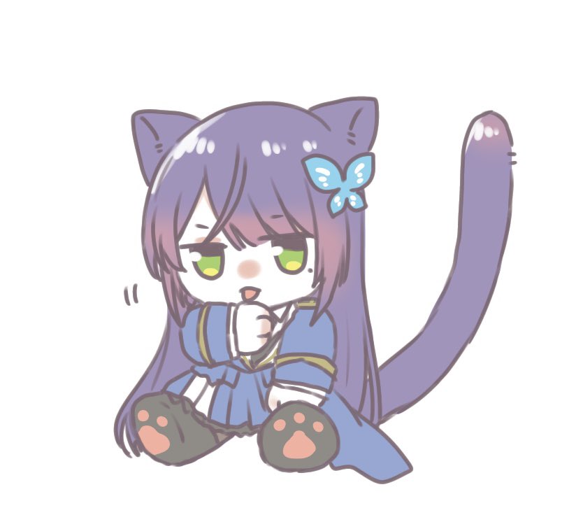 1girl animal_ears animal_hands assault_lily black_boots blue_jacket blue_skirt boots brown_pantyhose butterfly_hair_ornament cat_ears cat_girl cat_paws cat_tail chibi closed_mouth epaulettes full_body funada_kiito green_eyes hair_ornament hand_up jacket kemonomimi_mode licking licking_hand long_hair long_sleeves looking_at_viewer miniskirt mole mole_under_eye motion_lines nigari_(ngari_0115) no_pupils pantyhose paw_shoes pleated_skirt purple_hair shoe_soles simple_background sitting skirt solo tail tail_raised tongue tongue_out very_long_hair waist_cape white_background