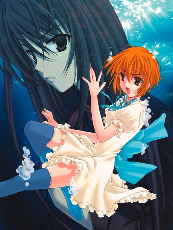 2girls black_eyes black_hair blue_thighhighs bow brown_eyes bubble day dress ever_17 fingernails frills frown komachi_tsugumi lace lace-trimmed_legwear lace_trim light_rays long_fingernails long_hair multiple_girls official_art open_mouth orange_eyes orange_hair outdoors ribbon short_hair sunbeam sundress sunlight takigawa_yuu tanaka_yubiseiakikana thighhighs underwater very_long_hair water zettai_ryouiki
