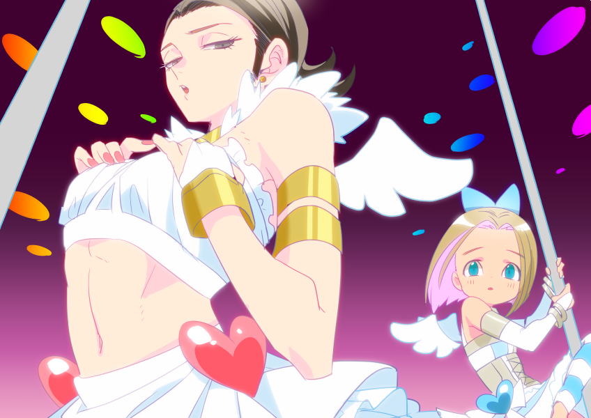 2boys androgynous angel_wings aqua_eyes armlet black_hair blue_bow blue_thighhighs bow bracelet bridal_gauntlets brown_hair commentary_request cosplay crop_top crossdressing crossover dragon_quest dragon_quest_xi earrings gold_armlet gradient_background grey_corset grey_eyes hair_bow half-closed_eyes heart hero_(dq11) horizontal-striped_thighhighs jewelry katori_(katokichi) looking_at_viewer looking_down male_focus medium_hair multiple_boys nail_polish navel open_mouth panty_&amp;_stocking_with_garterbelt panty_(psg) panty_(psg)_(cosplay) parted_hair pink_background pink_nails pole scene_reference shirt skirt sleeveless sleeveless_shirt stocking_(psg) stocking_(psg)_(cosplay) striped_clothes striped_thighhighs stripper_pole stud_earrings sylvia_(dq11) thighhighs white_bridal_gauntlets white_shirt white_skirt white_thighhighs white_wings wings
