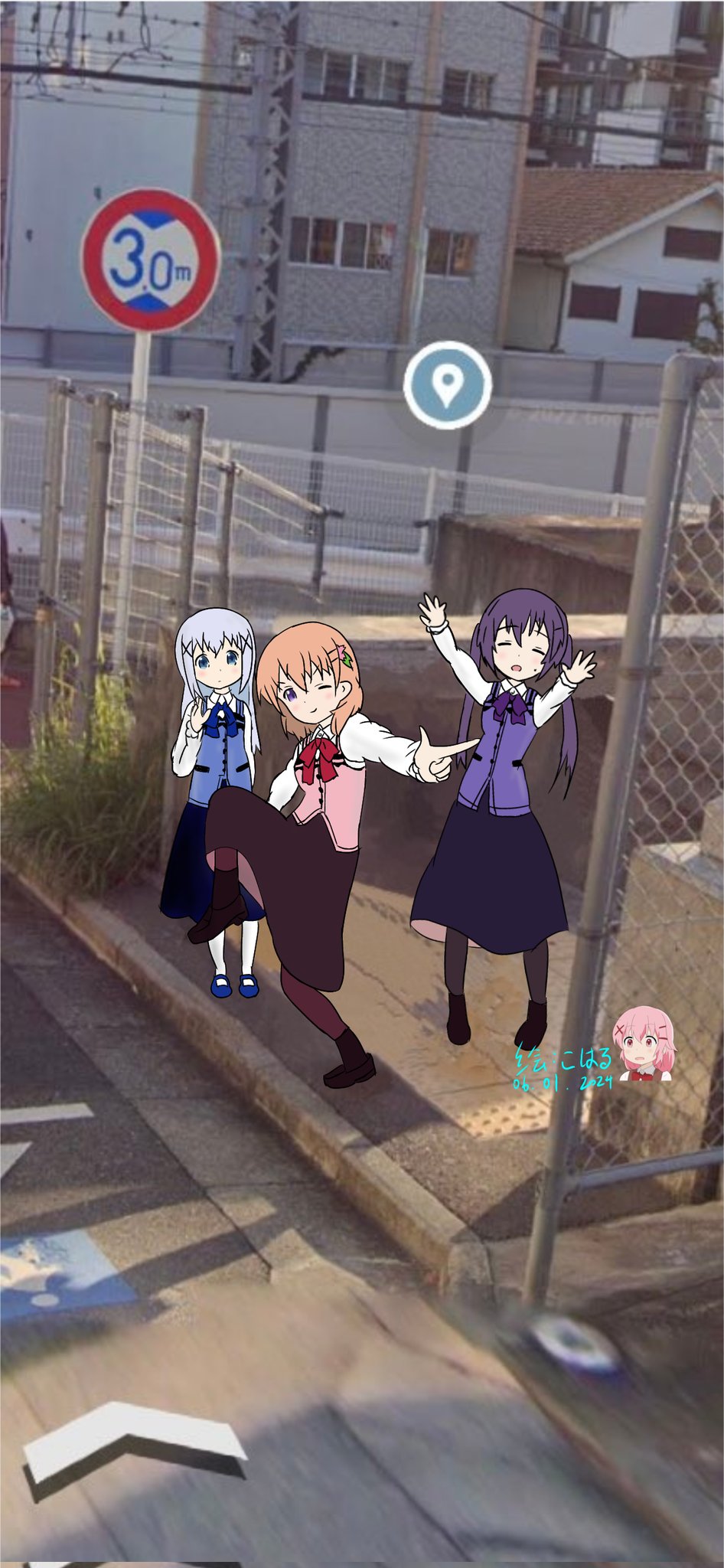 3girls arms_up blue_bow blue_footwear blue_skirt bow breasts brown_pantyhose chaos_nekomimi closed_eyes d: dot_nose facing_viewer flat_chest flower furrowed_brow gochuumon_wa_usagi_desu_ka? hair_between_eyes hair_flower hair_ornament hair_tie hairclip hand_up high_school_girls_posing_for_google_street_view_(meme) highres hoto_cocoa index_finger_raised kafuu_chino kneehighs leg_up long_hair looking_at_viewer mary_janes matching_outfits medium_breasts medium_hair meme multiple_girls one_eye_closed open_mouth outdoors pantyhose photo_background purple_bow purple_skirt rabbit_house_uniform red_bow red_footwear red_pantyhose red_skirt shoes sidelocks skirt socks tedeza_rize twintails waving white_socks x_hair_ornament