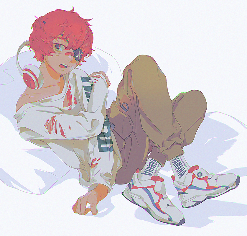 1boy asertr baggy_pants brown_pants commentary crossed_ankles eyepatch fukase full_body hair_between_eyes knees_up long_sleeves looking_at_viewer male_focus on_pillow open_mouth pants red_eyes red_hair shirt shoes short_hair simple_background single_bare_shoulder sitting sneakers socks solo teeth tongue torn_clothes torn_shirt upper_teeth_only vocaloid white_background white_shirt white_shoes white_sneakers white_socks yamaha