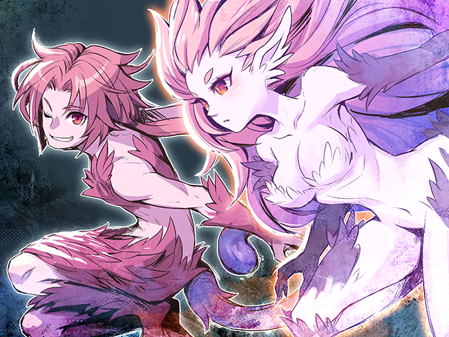 1boy 1girl bare_shoulders blush breasts cleavage collarbone crossover elbow_gloves feather_trim final_fantasy final_fantasy_ix final_fantasy_vi fingernails fujimaru_(green_sparrow) gloves grin long_hair low_ponytail medium_breasts monkey_tail navel official_alternate_costume one_eye_closed orange_hair parted_bangs parted_lips pink_hair pointy_ears ponytail red_eyes sharp_fingernails smile tail teeth thick_eyebrows tina_branford trance_terra_branford trance_zidane_tribal upper_body zidane_tribal