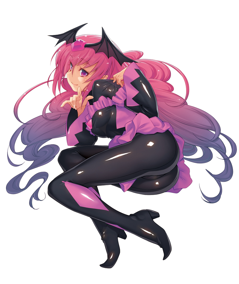 10s 1girl bad_end_happy bad_end_precure black_bodysuit bodysuit female_focus full_body head_wings kazuma_muramasa long_hair lying miniskirt on_side pink_eyes pink_hair pink_skirt precure skirt smile smile_precure! solo twintails white_background wings