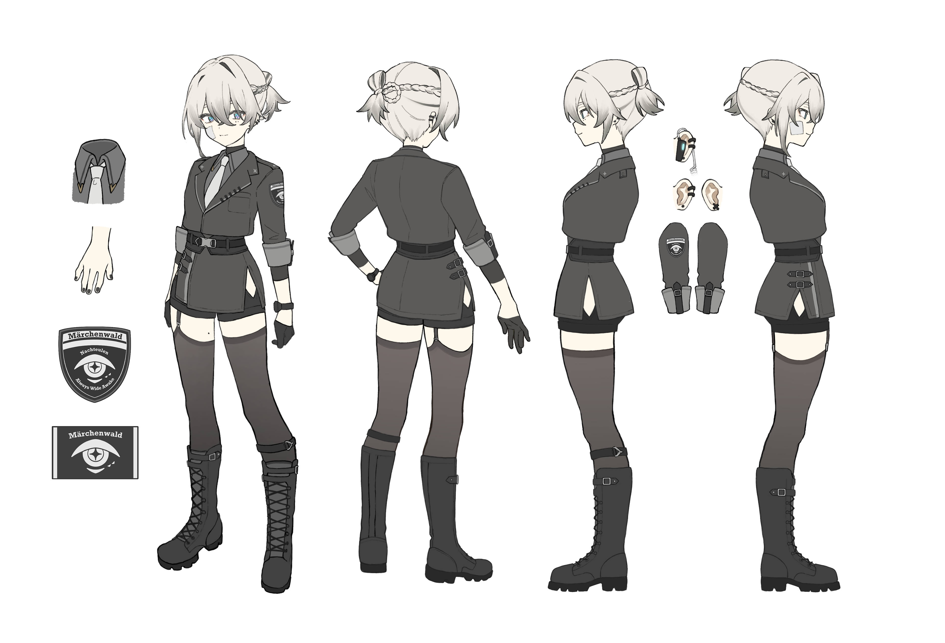 1girl absurdres arms_at_sides belt belt_buckle black_belt black_footwear black_gloves black_jacket black_nails black_shorts black_thighhighs blue_eyes boots braid breast_pocket buckle closed_mouth collared_shirt commentary_request ear_piercing earpiece earrings english_text facing_away fingernails flat_color folded_ponytail full_body garter_straps gauze gauze_on_cheek german_text gloves gradient_hair grey_hair grey_shirt hair_intakes half_up_braid hand_on_own_hip highres hip_vent insignia jacket jewelry knee_boots lace-up_boots lapels looking_at_viewer mole mole_on_thigh mole_under_eye multicolored_eyes multicolored_hair multiple_moles multiple_views nail_polish necktie notched_lapels original piercing pocket police police_uniform policewoman ponytail profile purple_hair reference_sheet seallllion shin_strap shirt short_ponytail short_shorts shorts side_slit simple_background single_garter_strap standing star-shaped_pupils star_(symbol) stud_earrings suit_jacket symbol-shaped_pupils tell_(seallllion) thighhighs three-quarter_sleeves translation_request turnaround two-tone_eyes vrchat watch white_background white_hair white_necktie wing_collar wristwatch