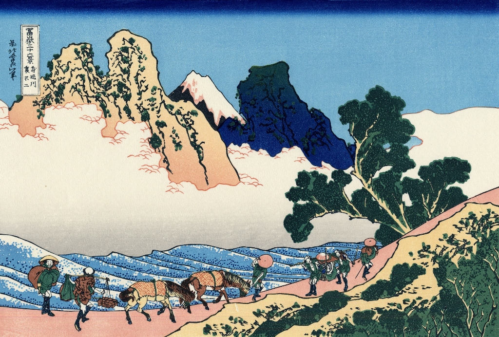19th_century 6+boys bald black_hair blue_sky cloud fine_art_parody gradient_sky hat hokusai horse japan japanese_clothes japanese_text kimono landscape looking_at_another mount_fuji mountain multiple_boys nihonga original outdoors pale_skin parody river scenery sky straw_hat thirty-six_views_of_mount_fuji traditional_media tree ukiyo-e volcano water
