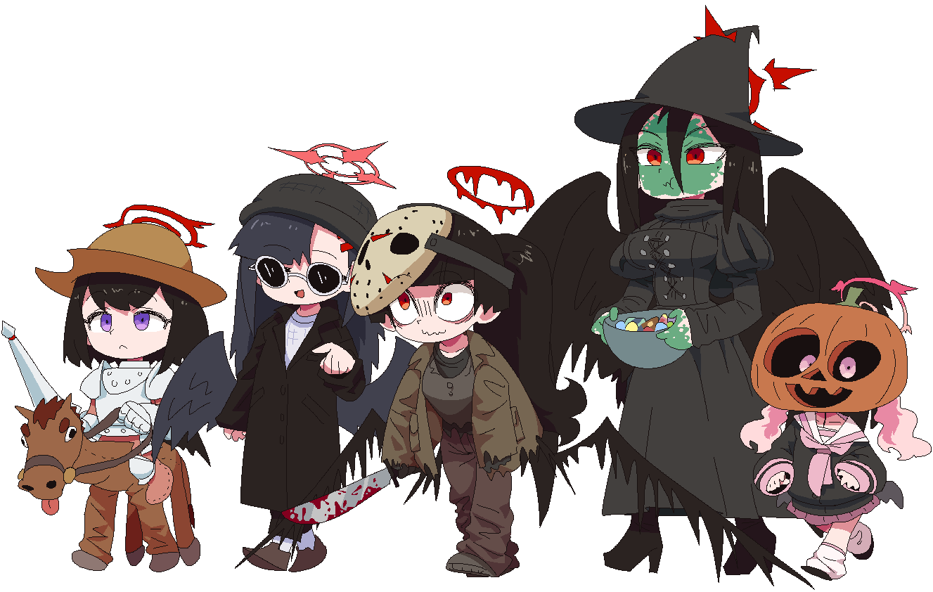 5girls aliasing black_hair black_wings blood blood_halo blood_splatter blue_archive bowl breasts candy coat cosplay eating facepaint food halloween halloween_costume halo hasumi_(blue_archive) hat hockey_mask holding holding_bowl holding_polearm holding_weapon ichika_(blue_archive) jason_voorhees jason_voorhees_(cosplay) justice_task_force_(blue_archive) knight koharu_(blue_archive) lance large_breasts leon_(leon_the_professional) leon_(leon_the_professional)_(cosplay) leon_the_professional liquid_halo long_sleeves loose_socks low_wings mashiro_(blue_archive) mask multiple_girls neamosub pink_eyes pink_hair polearm pumpkin_on_head purple_eyes red_eyes red_halo shirt simple_background socks sunglasses tareme torn_clothes tsurugi_(blue_archive) wavy_mouth weapon white_background white_shirt wicked_witch_of_the_west wings witch_hat