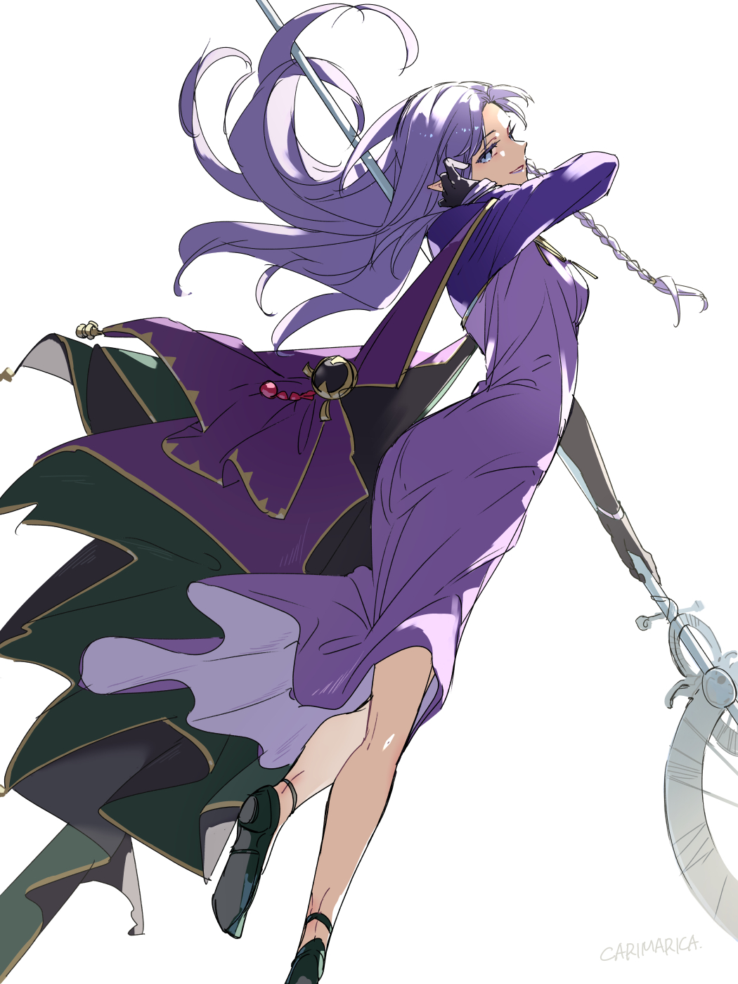 1girl black_footwear blue_eyes blue_hair blush braid breasts carimarica dress fate/grand_order fate/stay_night fate_(series) hecate&#039;s_staff_(fate) highres holding holding_staff long_hair long_sleeves looking_at_viewer medea_(caster)_(fate) medea_(fate) pointy_ears purple_dress purple_hair purple_lips side_braid simple_background small_breasts smile solo staff white_background